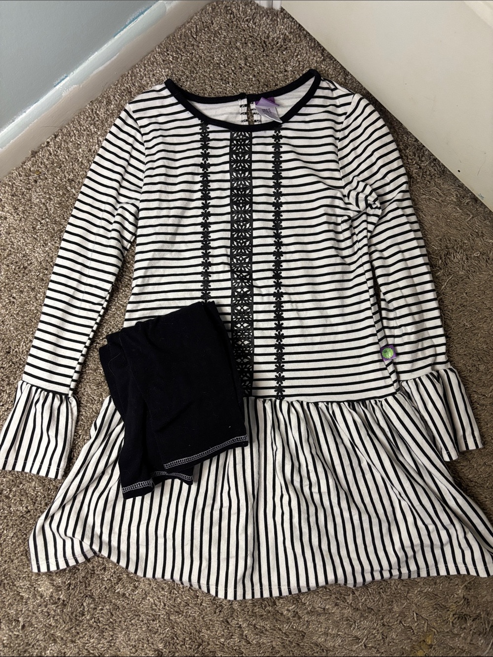 Dollie & Me Black and White Striped Peplum Top with Lace Trim